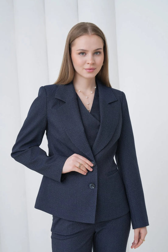 Navy Blue Striped Women Suit