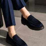 Navy Blue Suede Chunky Penny Loafers