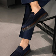 Navy Blue Suede Chunky Penny Loafers