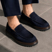 Navy Blue Suede Chunky Penny Loafers