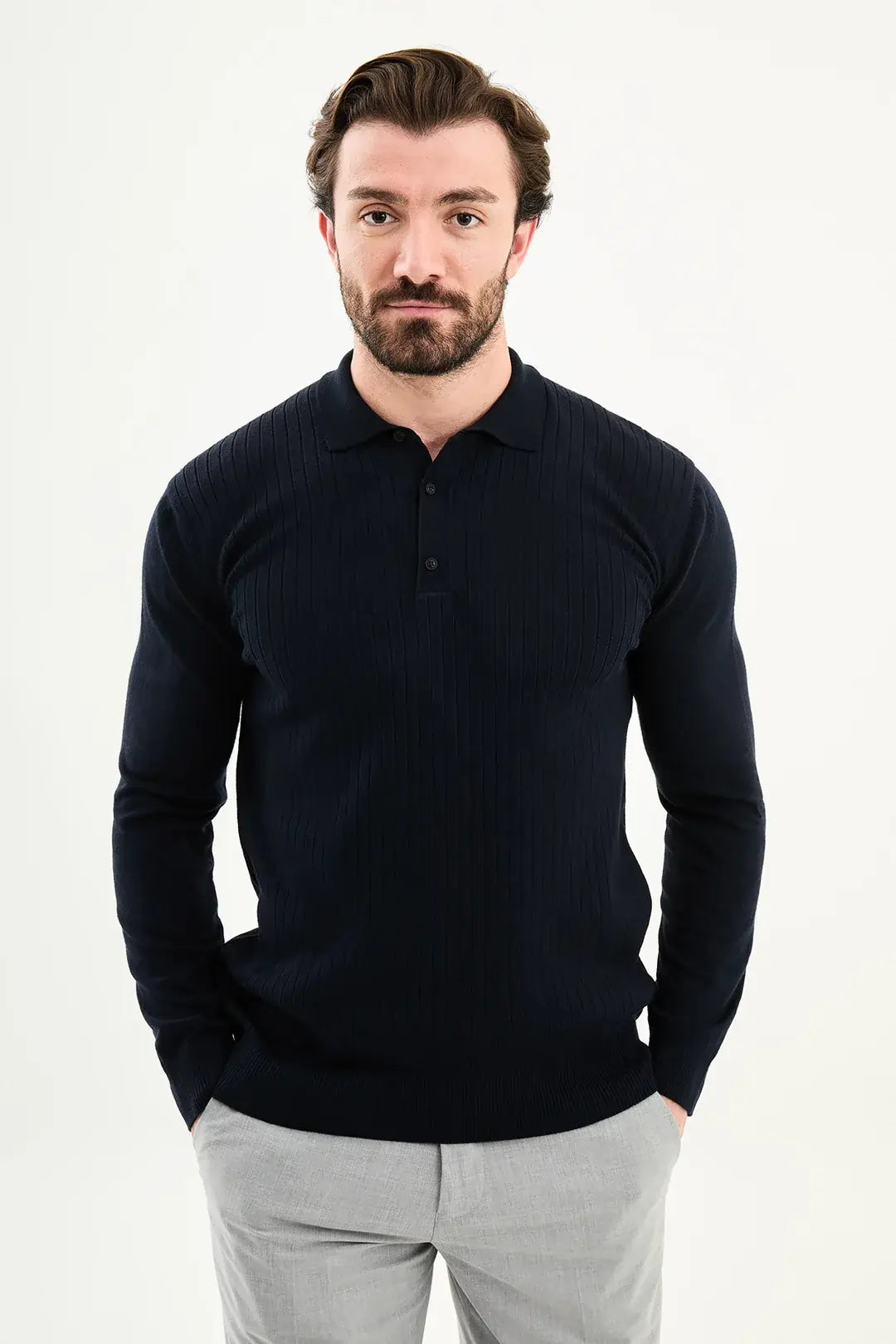 Navy Blue Wool Polo Sweater