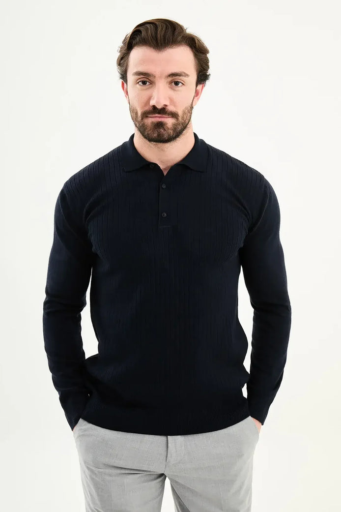 Navy Blue Wool Polo Sweater