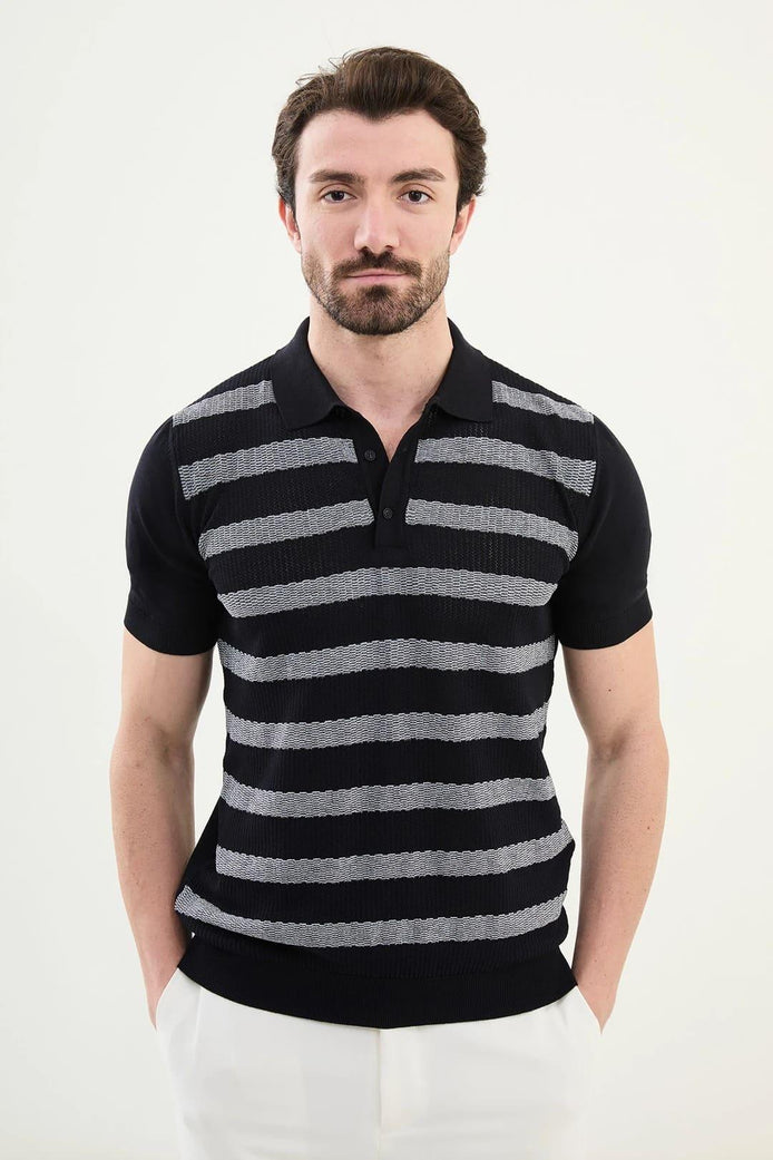 Striped Navy Knit Polo Shirt