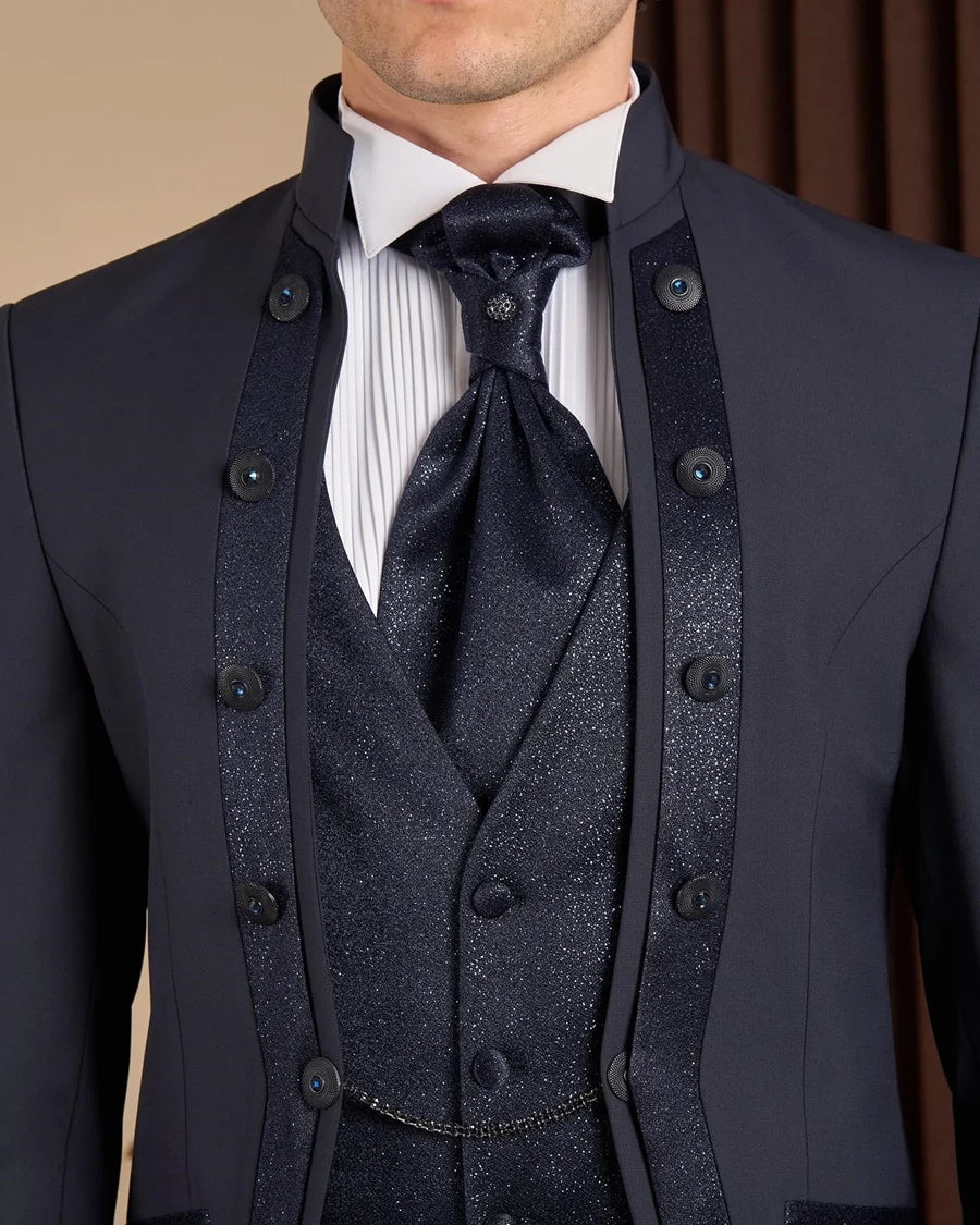 Navy Blue Slim Fit Mandarin Collar Tuxedo
