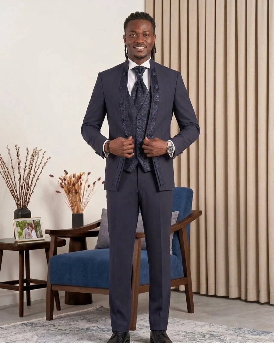 Navy Blue Slim Fit Mandarin Collar Tuxedo