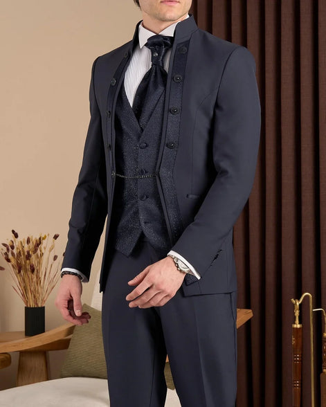 Navy Blue Slim Fit Mandarin Collar Tuxedo