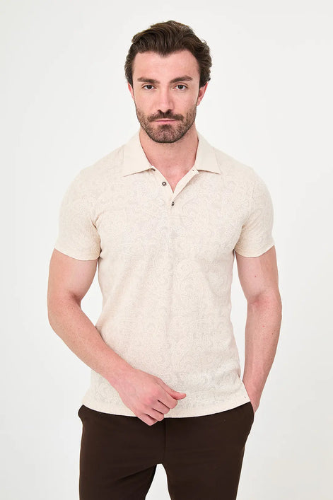 Paisley Knit Jacquard Polo - Beige