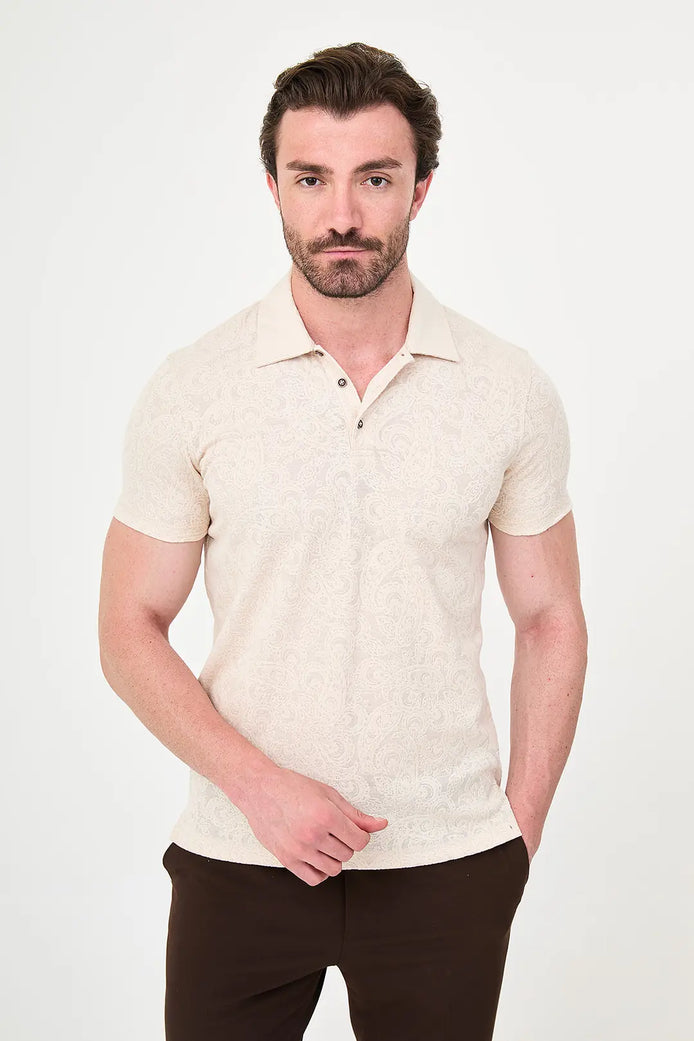 Paisley Knit Jacquard Polo - Beige