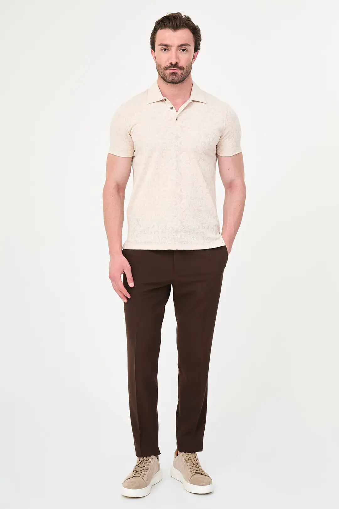Beige Paisley Knit Jacquard Polo