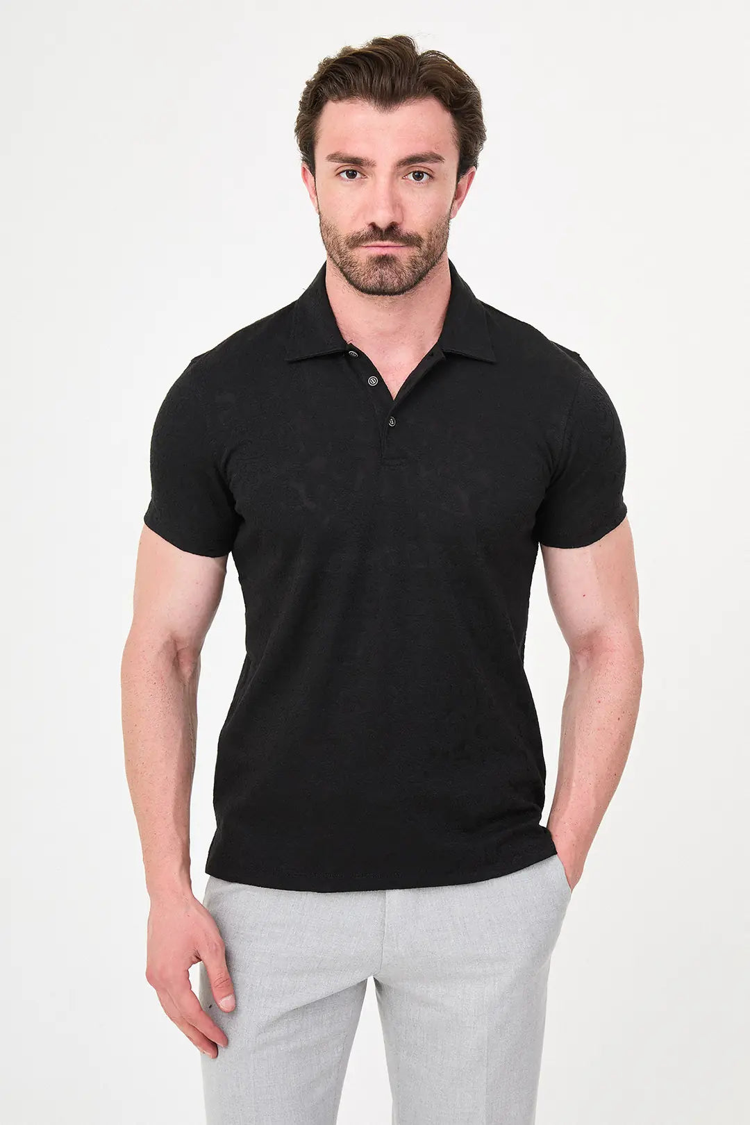 Paisley Knit Jacquard Polo - Black