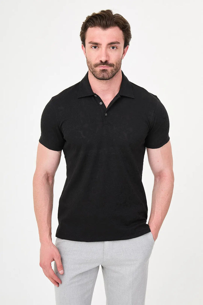 Paisley Knit Jacquard Polo - Black