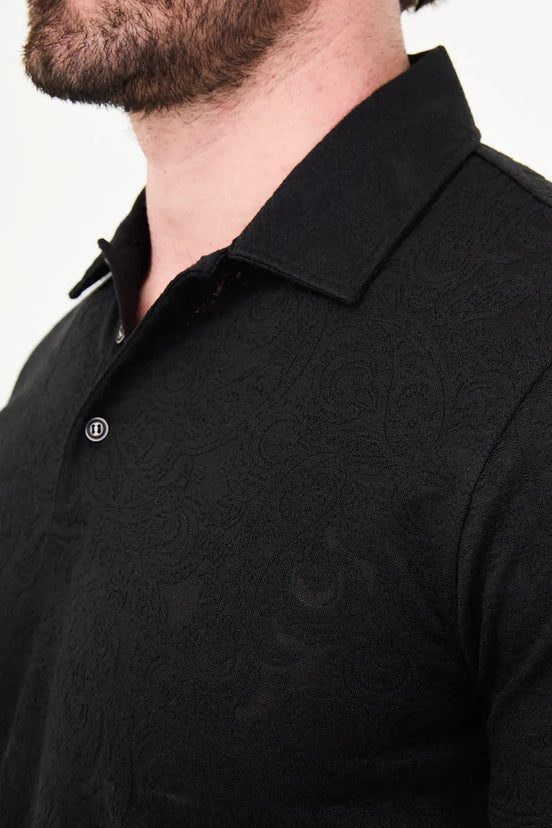 Paisley Knit Jacquard Polo - Black