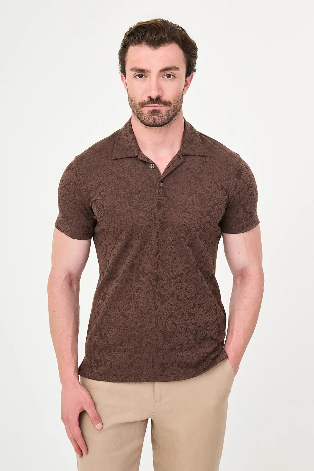 Paisley Knit Jacquard Polo - Brown