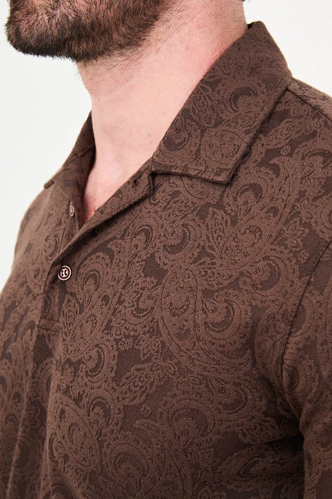 Brown Paisley Knit Jacquard Polo