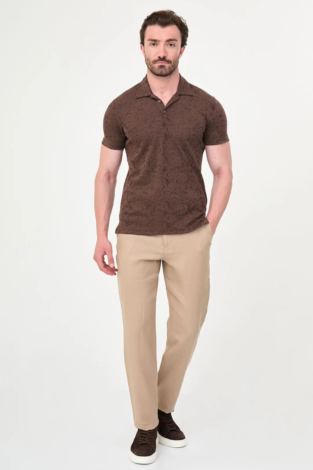 Paisley Knit Jacquard Brown Polo