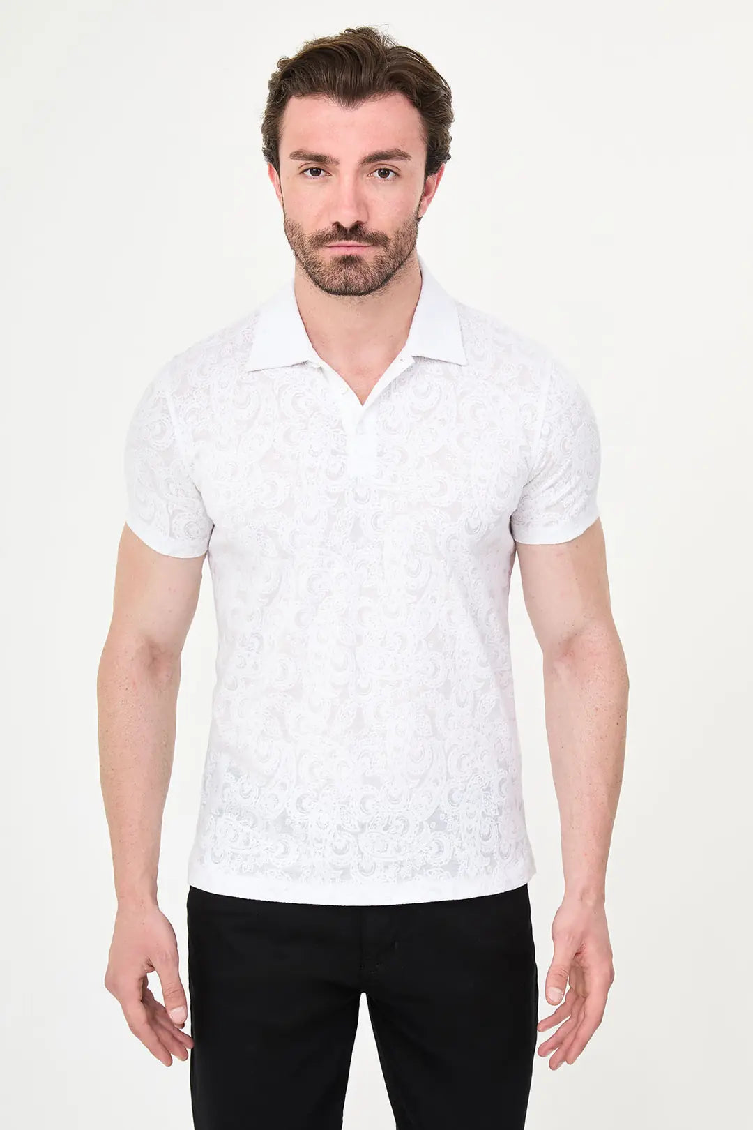 Paisley Knit Jacquard Polo - White
