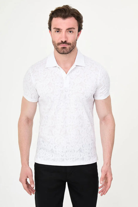 Paisley Knit Jacquard Polo - White