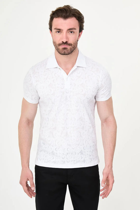 Paisley Knit Jacquard Polo - White