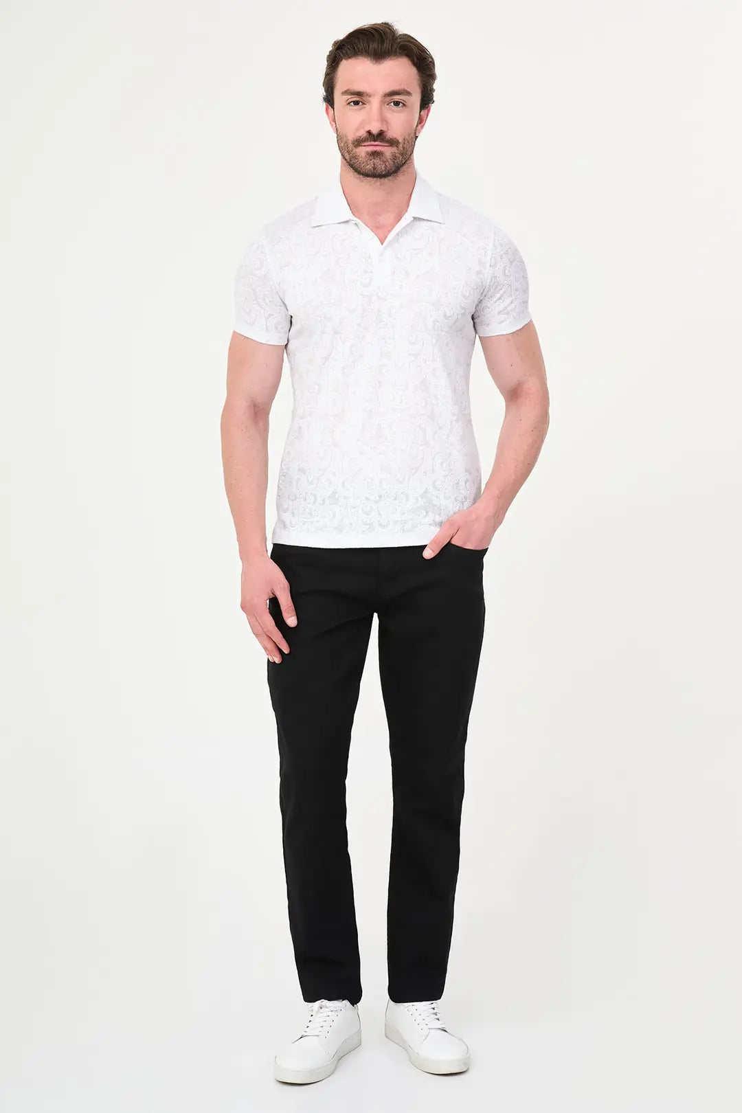 White Paisley Knit Jacquard Polo