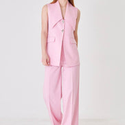 Pink Longline Vest Wide Leg Pants Suit Set