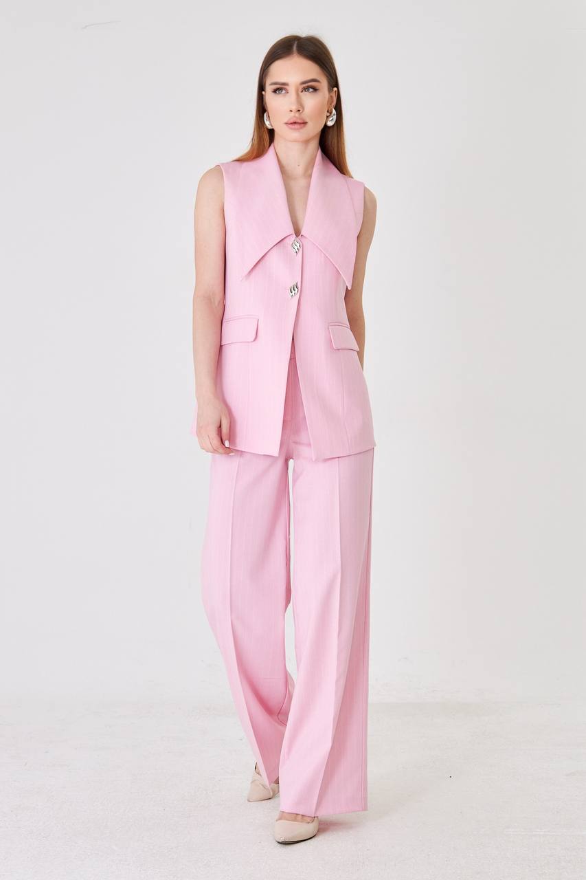 Pink Longline Vest Wide Leg Pants Suit Set