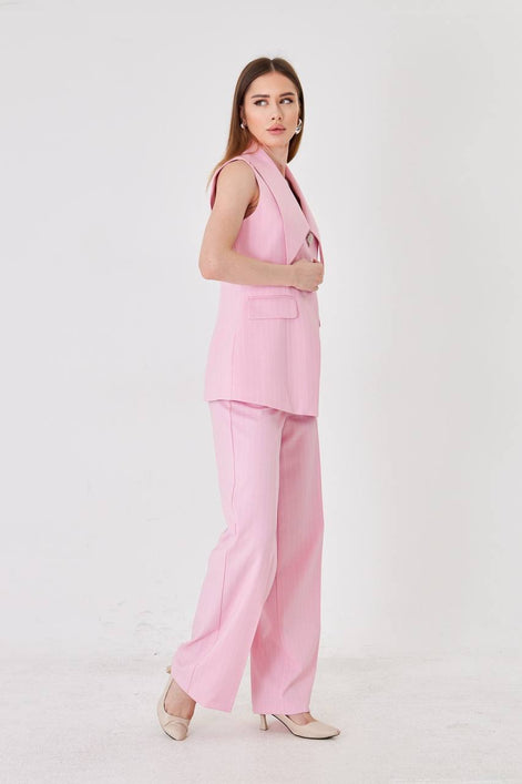 Pink Longline Vest Wide Leg Pants Suit Set