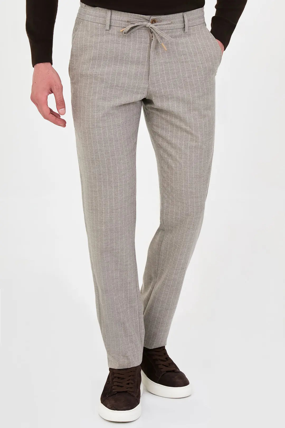 Pinstripe Wool Drawstring Trousers Beige