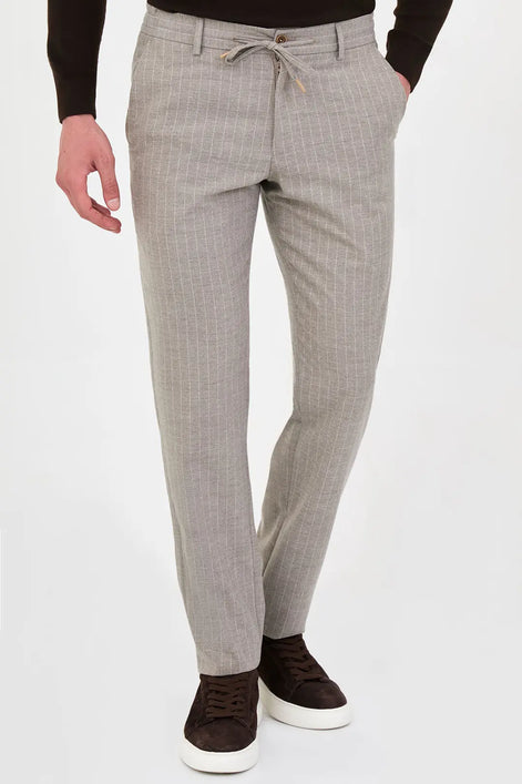 Pinstripe Wool Drawstring Trousers Beige