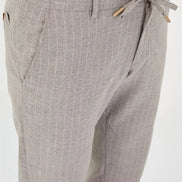 Beige Pinstripe Wool Drawstring Trousers