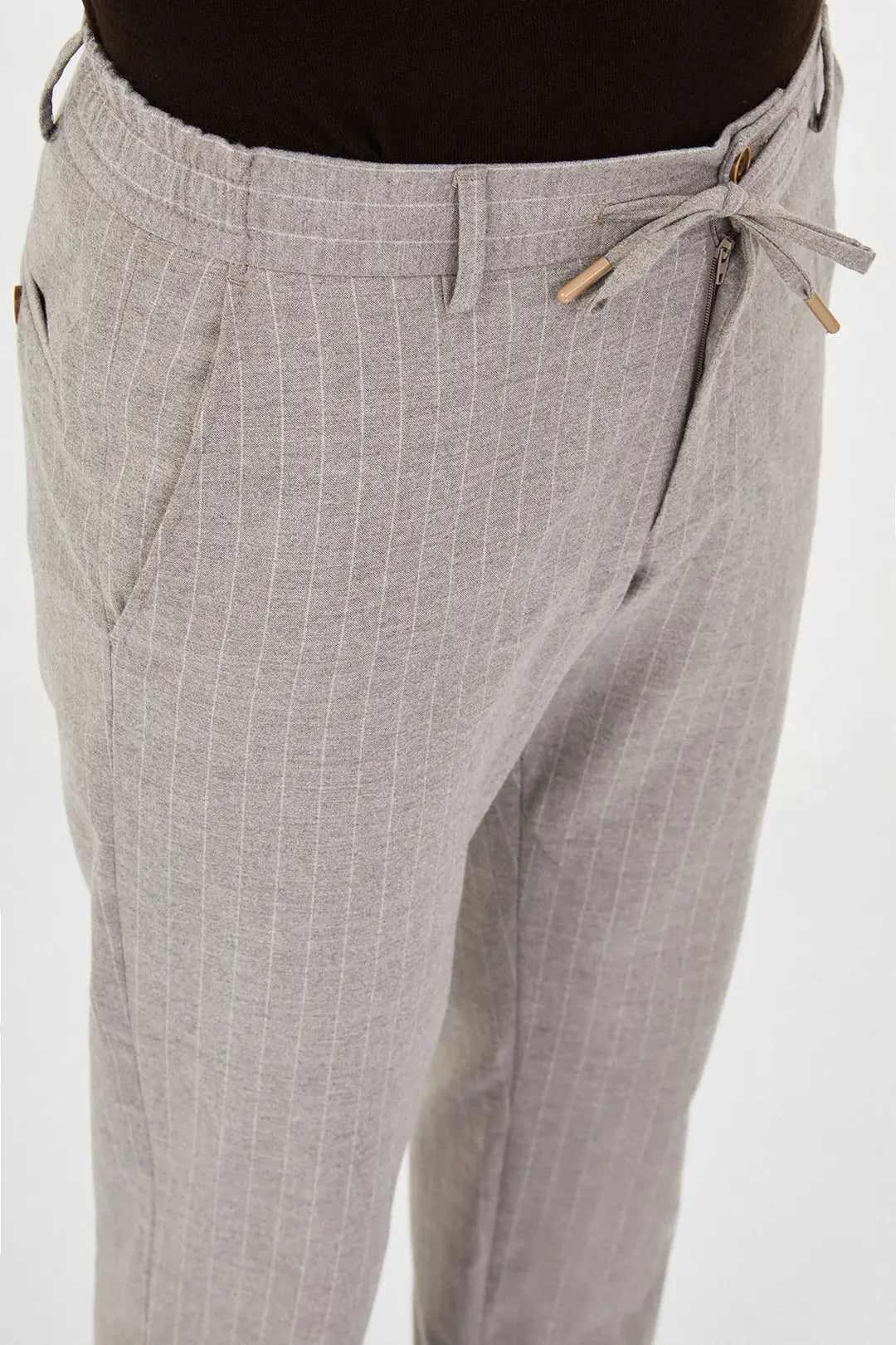 Beige Pinstripe Wool Drawstring Trousers