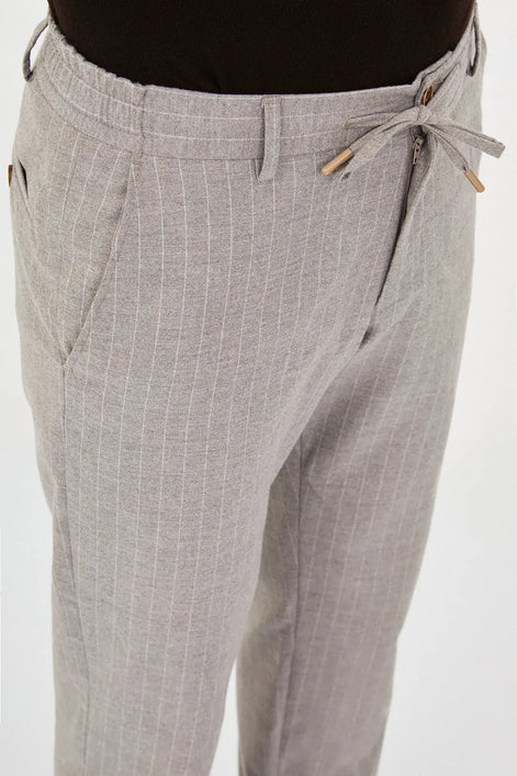 Beige Pinstripe Wool Drawstring Trousers