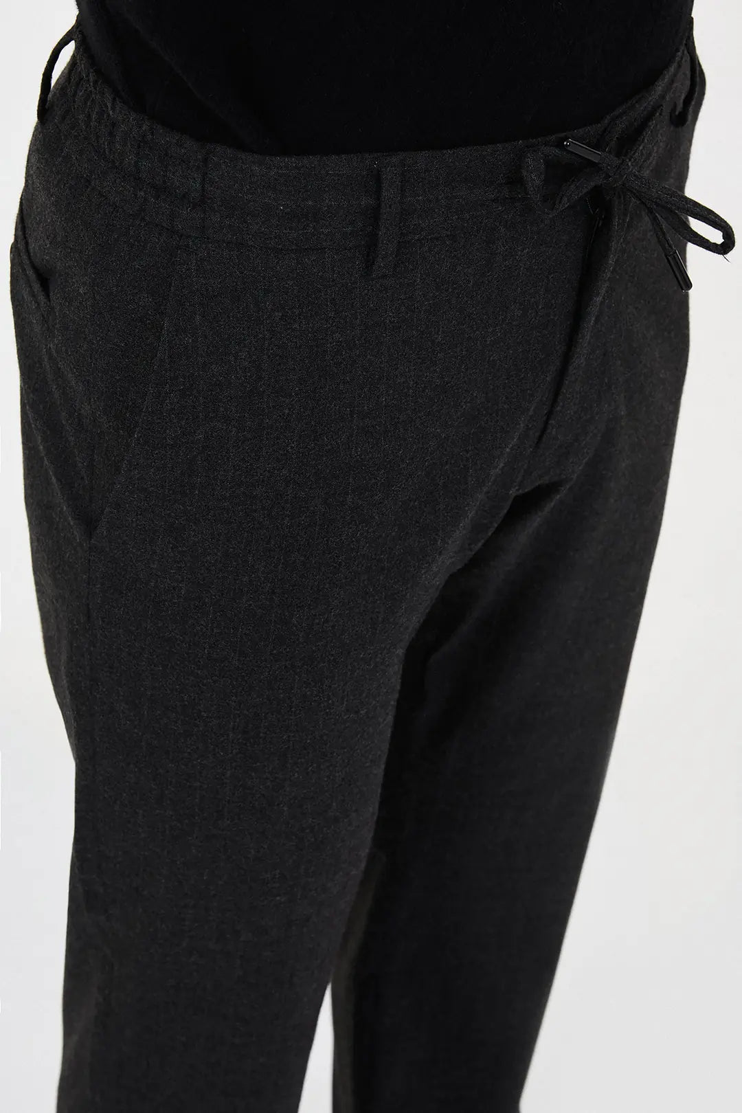 Black Pinstripe Wool Drawstring Trousers