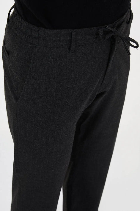Black Pinstripe Wool Drawstring Trousers
