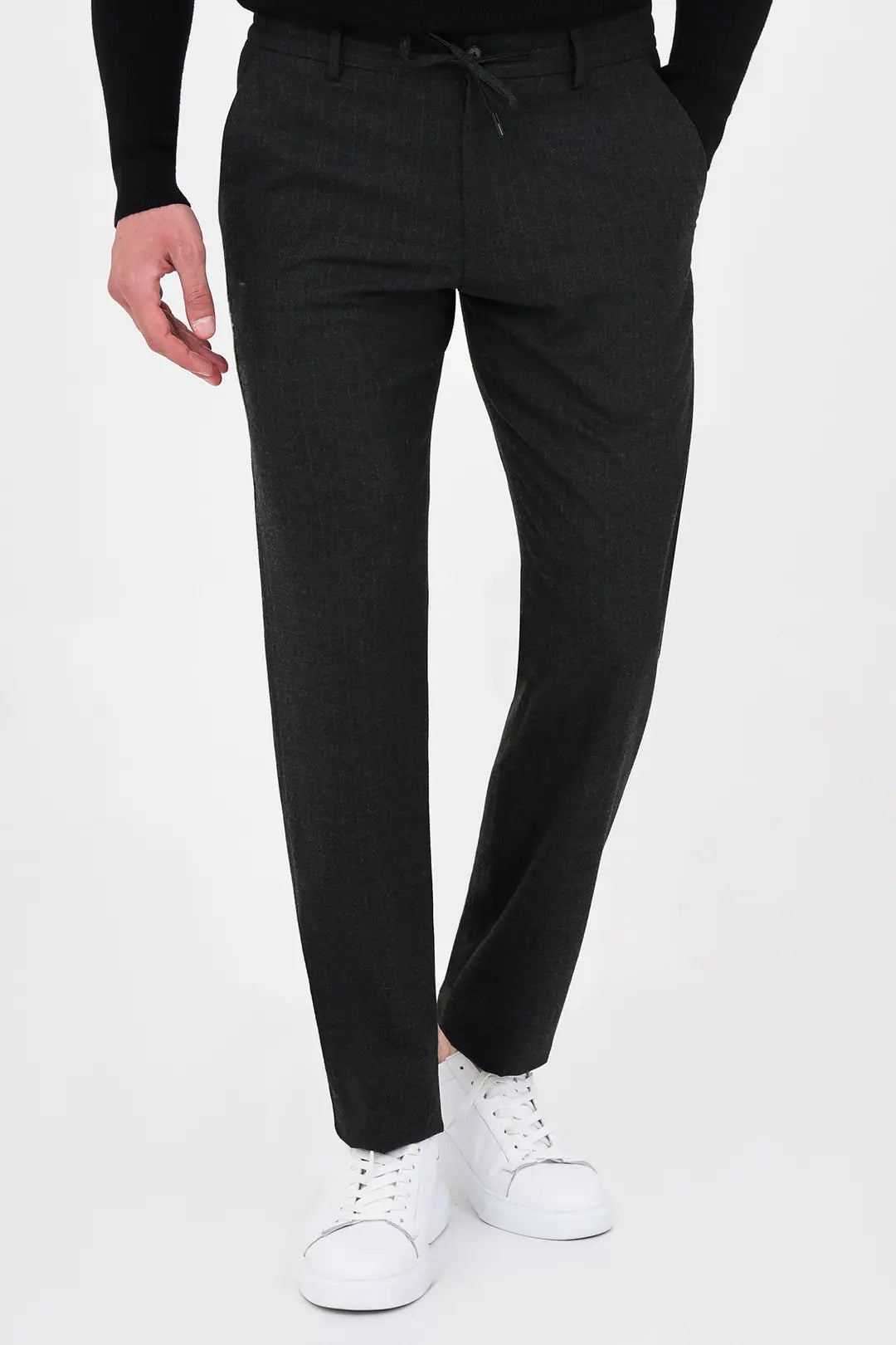 Pinstripe Wool Drawstring Trousers Black
