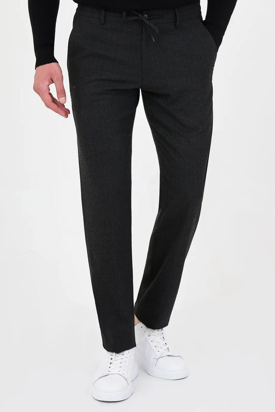 Pinstripe Wool Drawstring Trousers Black
