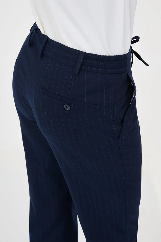 Navy Blue Pinstripe Wool Drawstring Trousers