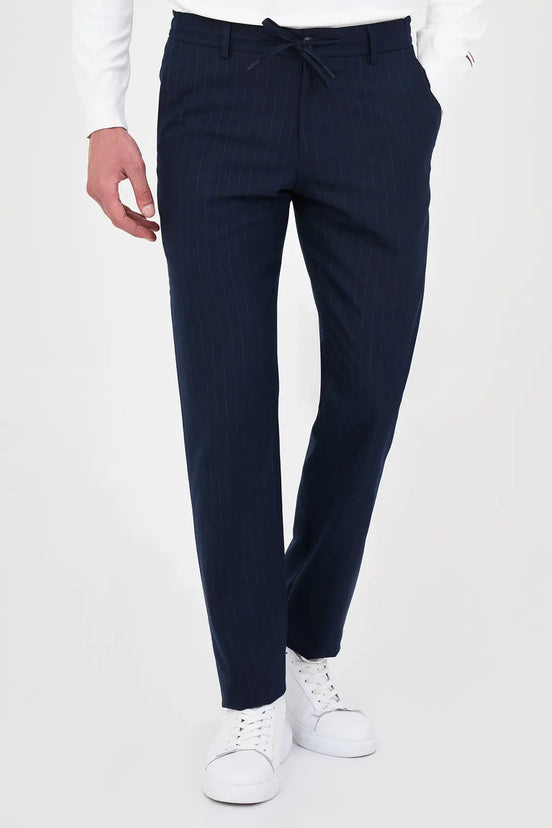 Pinstripe Wool Drawstring Trousers Navy