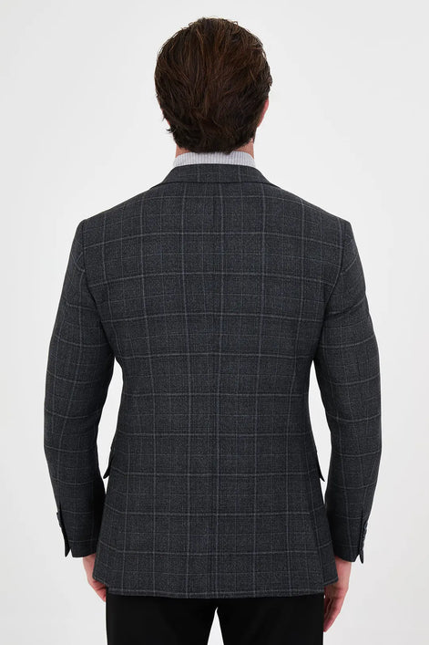 Plaid Navy Blue Wool Blazer