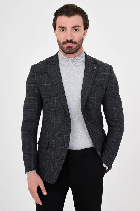 Plaid Navy Blue Wool Blazer