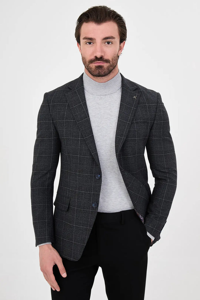 Plaid Navy Blue Wool Blazer