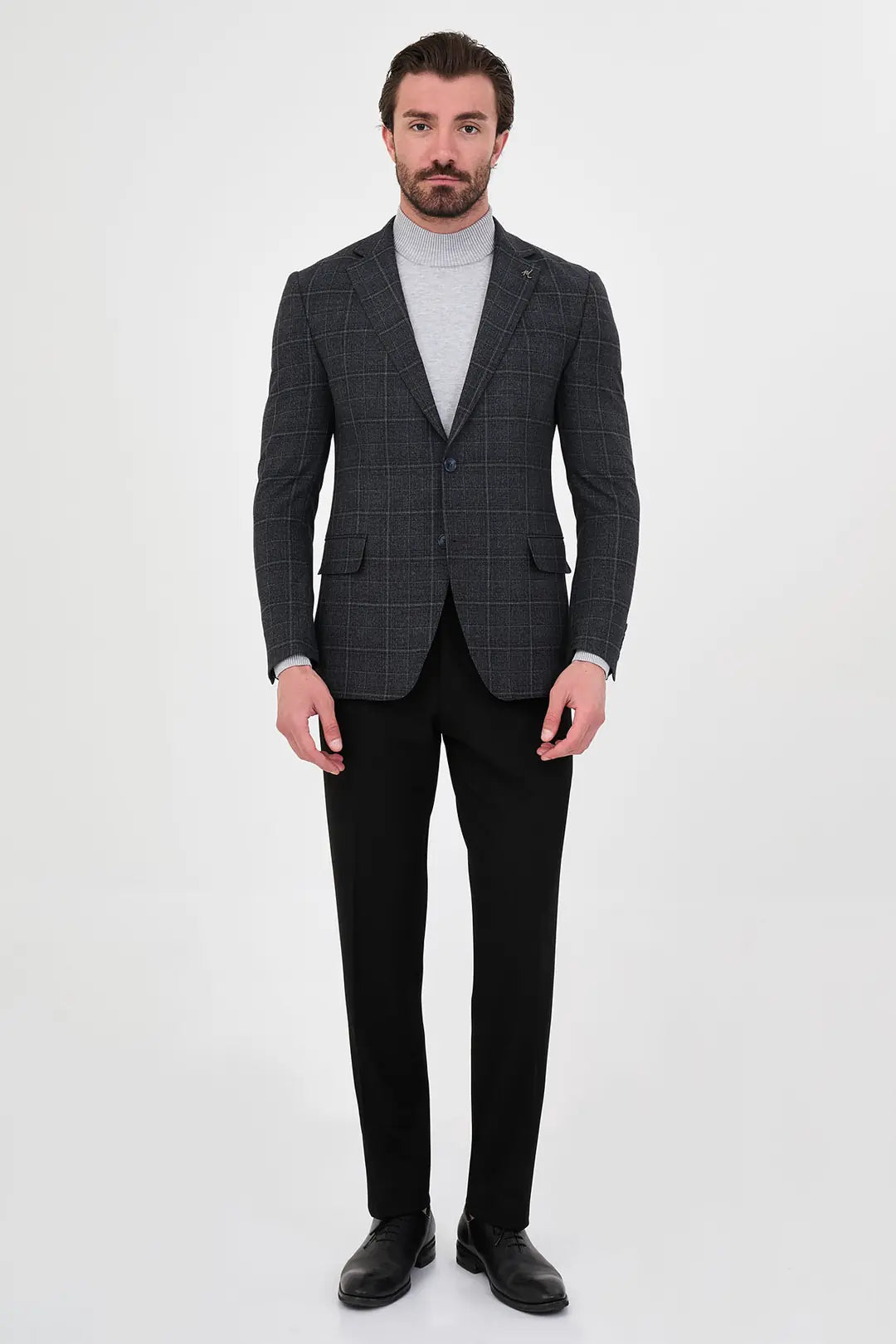 Navy Blue Plaid Wool Blazer