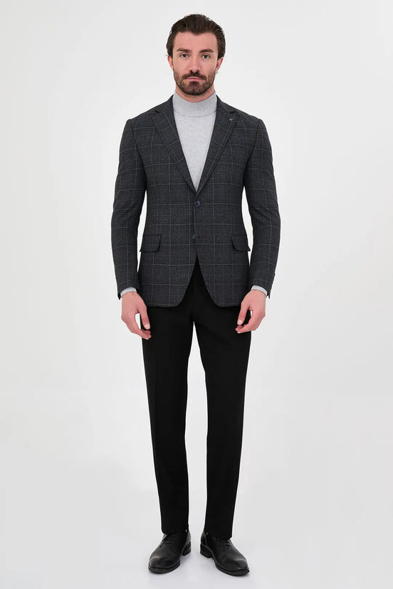 Navy Blue Plaid Wool Blazer