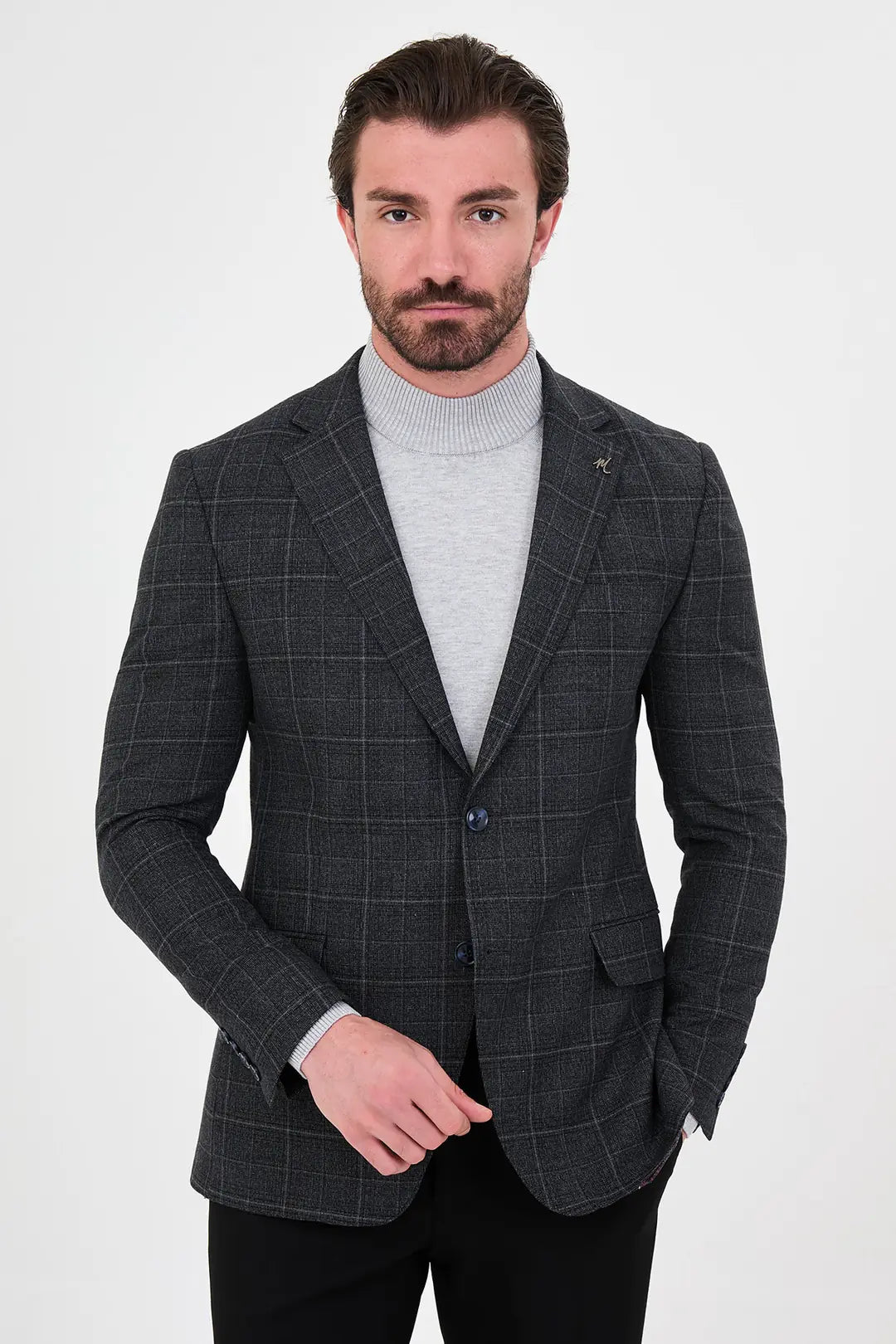 Plaid Navy Blue Wool Blazer