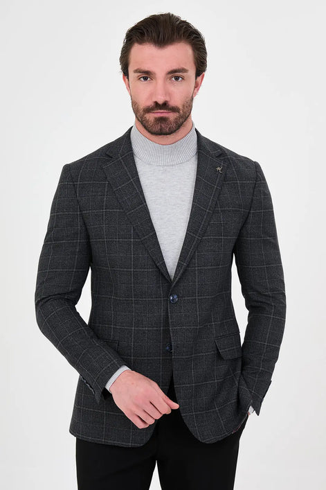Plaid Navy Blue Wool Blazer