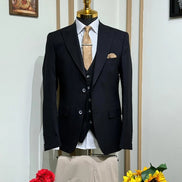 Plano Beige Black Wool Suit