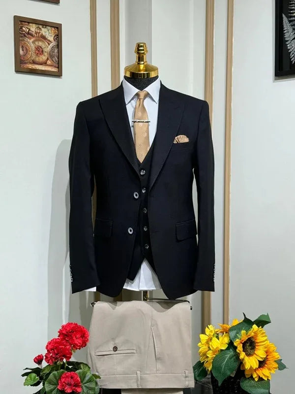 Plano Beige Black Wool Suit