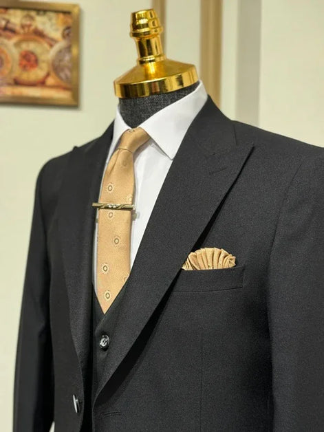Plano Beige Black Wool Suit
