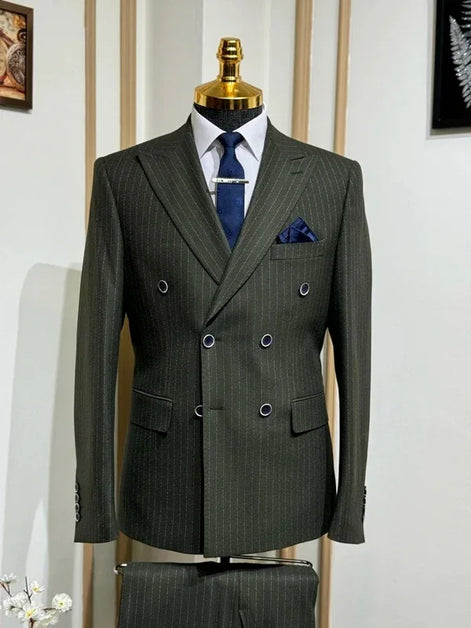 Plano Pinstripe Double Breasted Khaki Suit