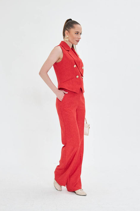 Red Sleeveless Vest & Wide Leg Pants