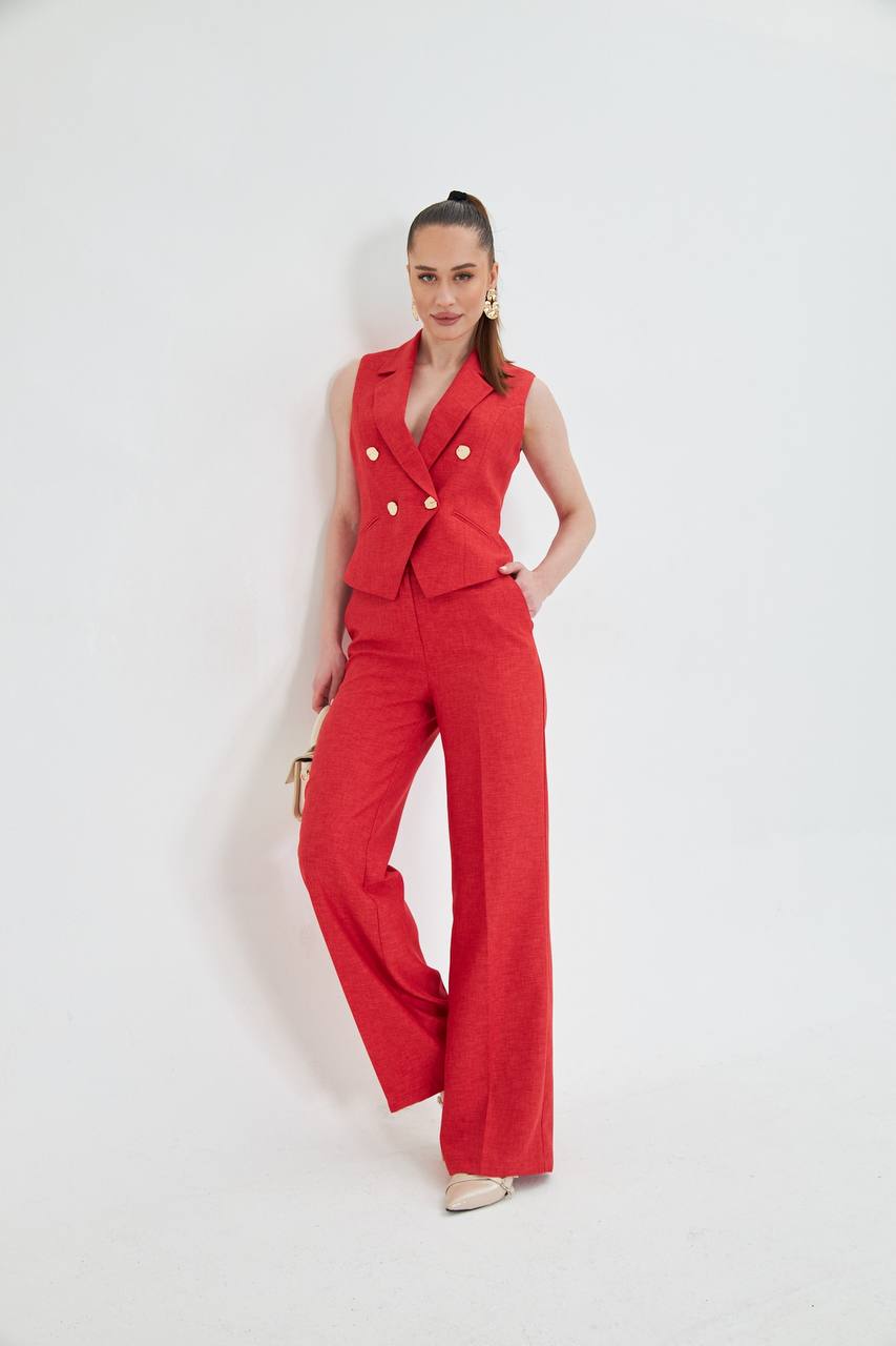 Red Sleeveless Vest & Wide Leg Pants